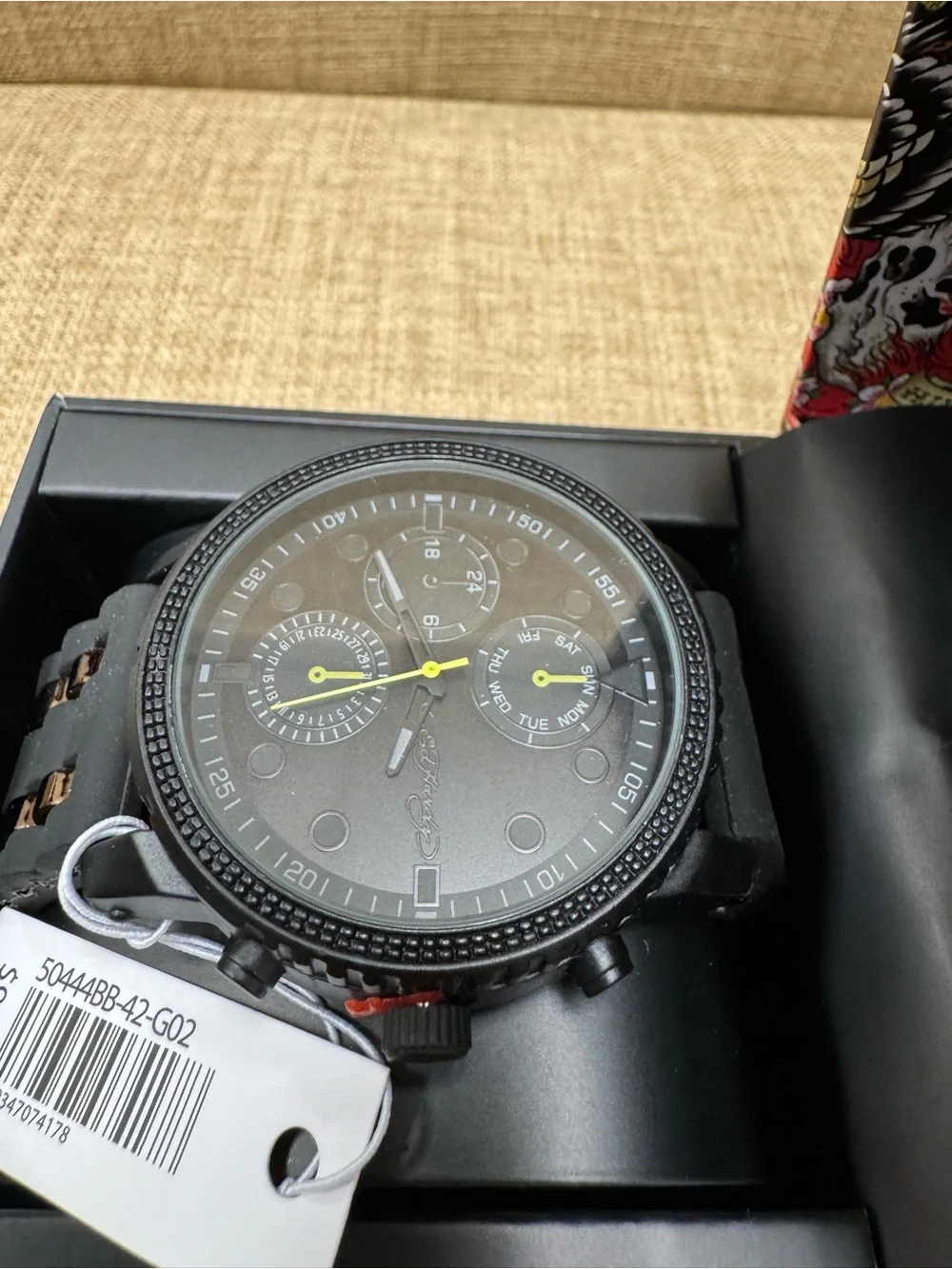 Ed Hardy Men’s Quartz Multifunction 24-Hour Black Dial Rubber Strap…Retails $95